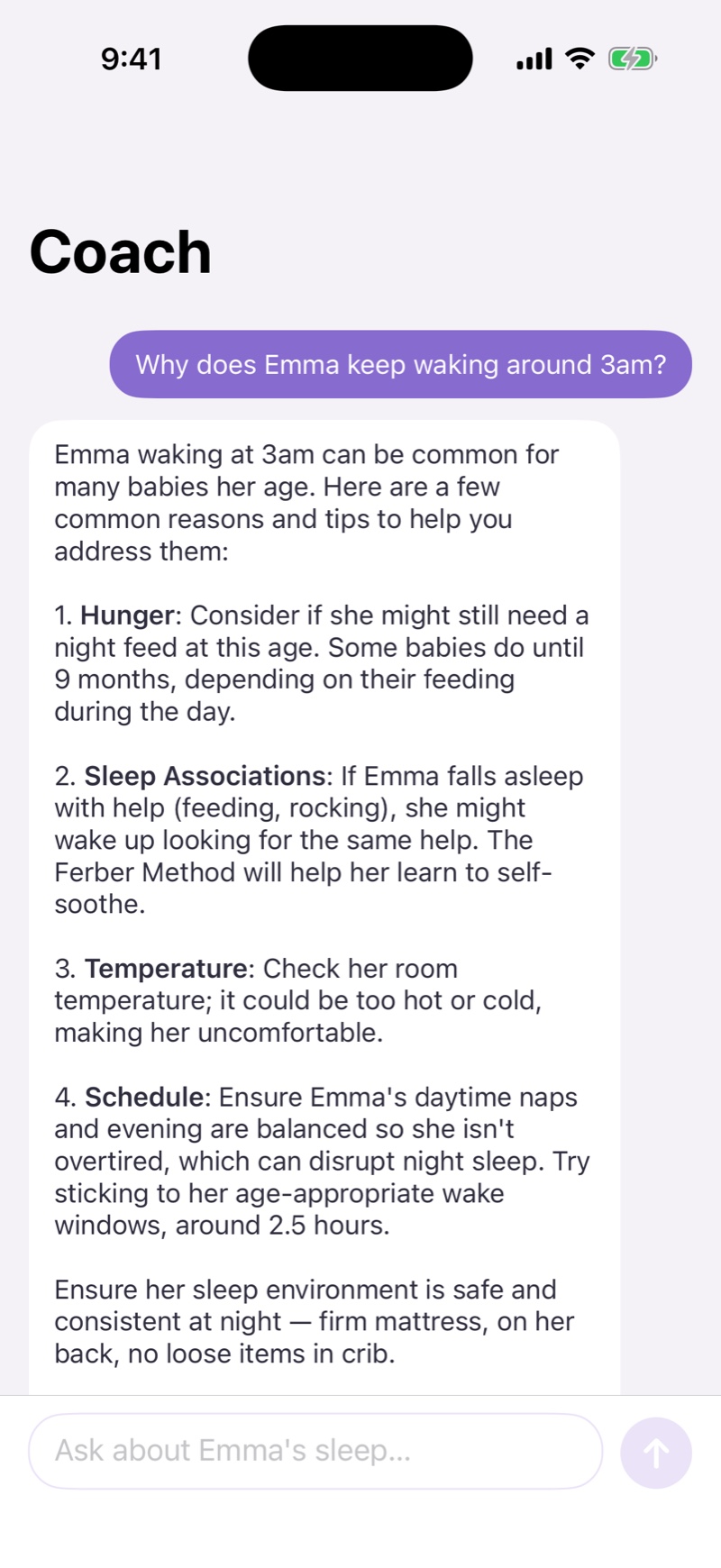 The AI sleep coach answering a parent's question in the app